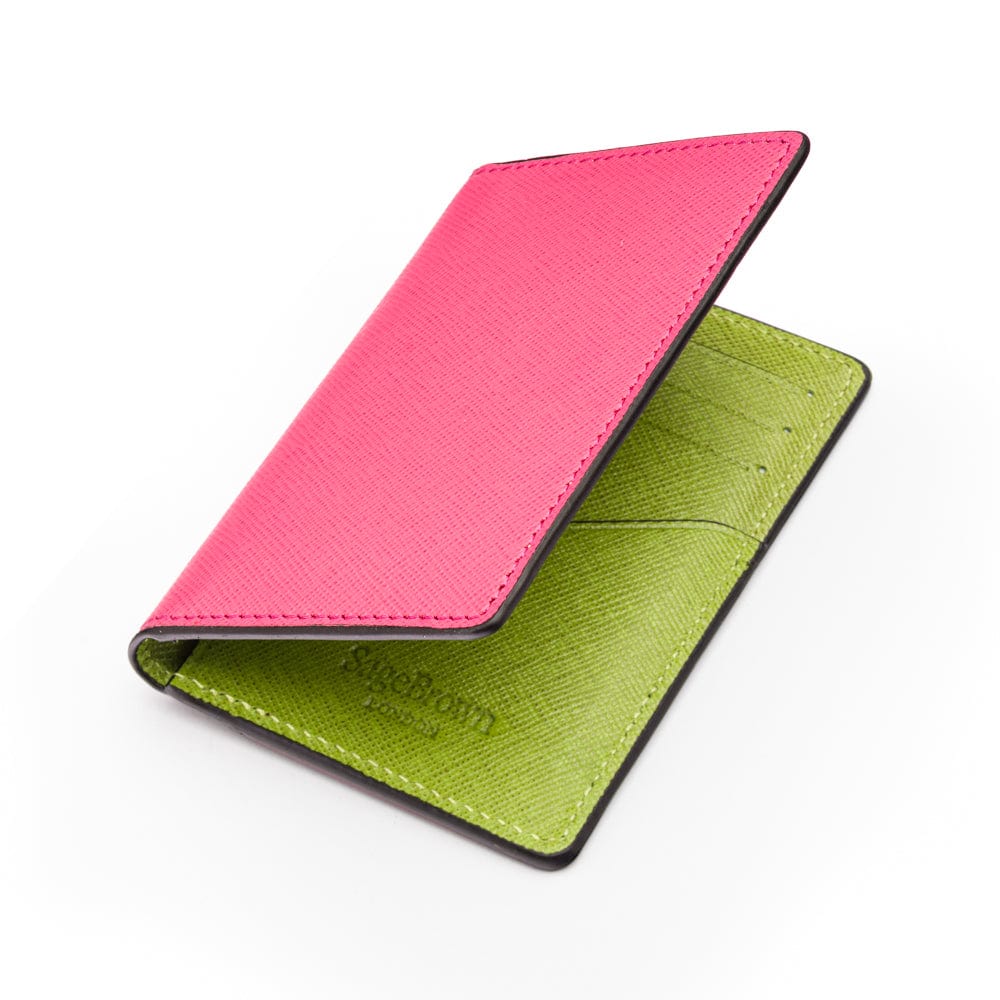 RFID bifold credit card holder, pink  with lime saffiano, open view