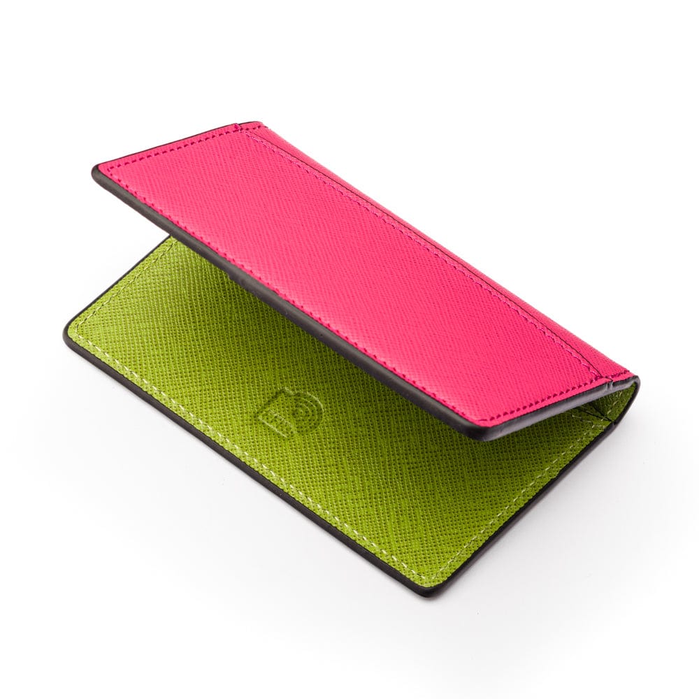RFID bifold credit card holder, pink  with lime saffiano, RFID view