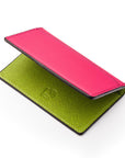 RFID bifold credit card holder, pink with lime saffiano, RFID view