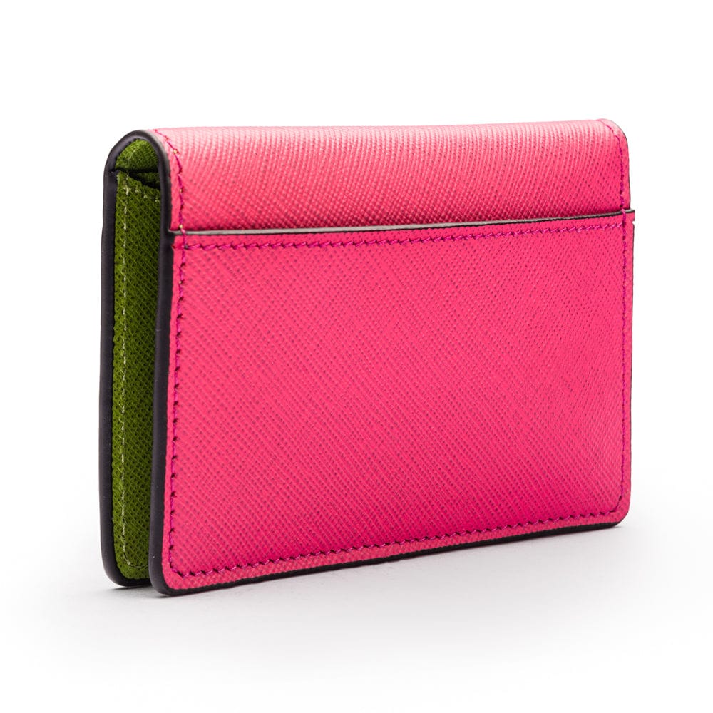 RFID bifold credit card holder, pink  with lime saffiano, back view
