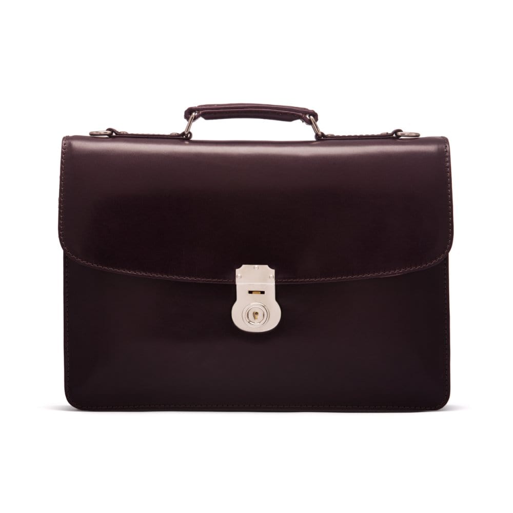 Leather briefcase with silver brass lock, Harvard vintage look, plum, front