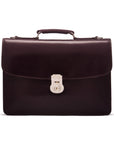 Leather briefcase with silver brass lock, Harvard vintage look, plum, front