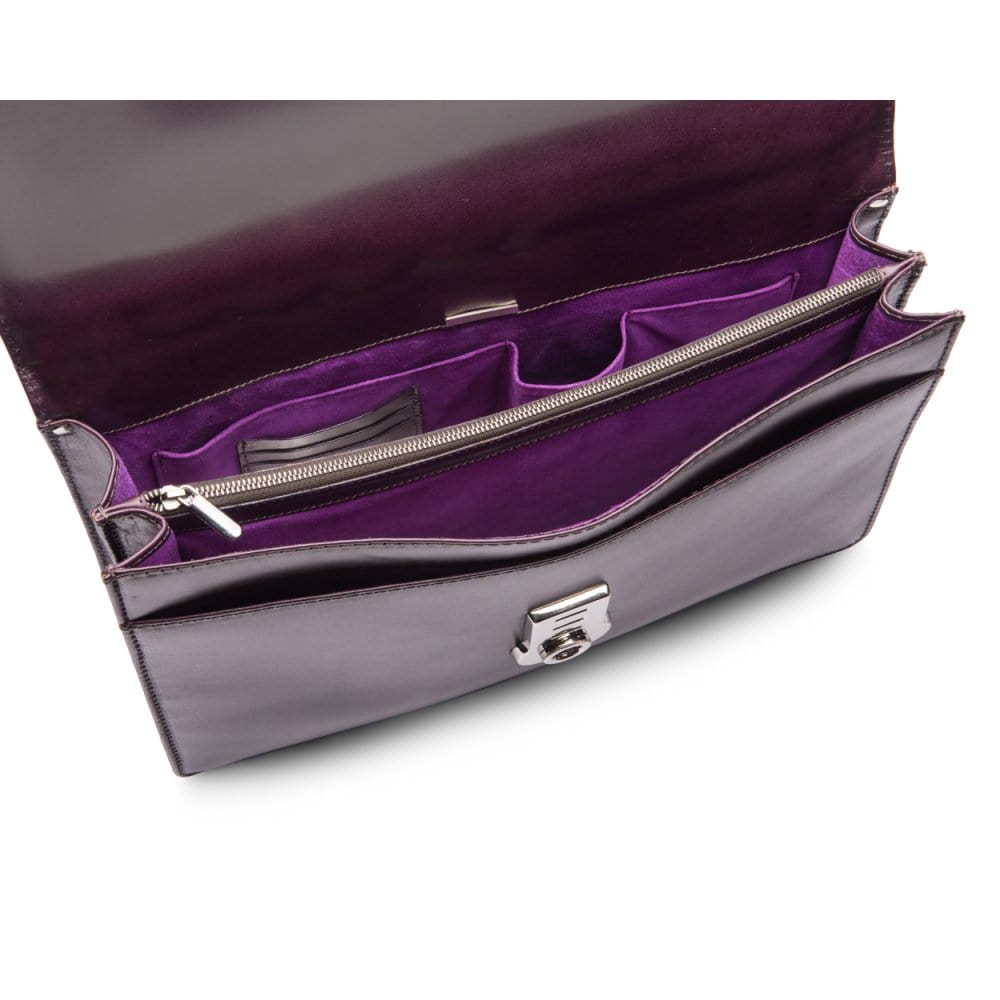 Leather briefcase with silver brass lock, Harvard vintage look, plum, inside