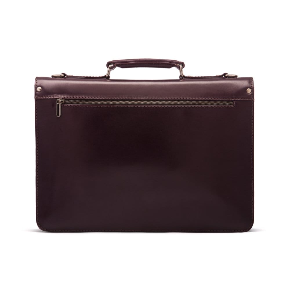 Leather briefcase with silver brass lock, Harvard vintage look, plum, back