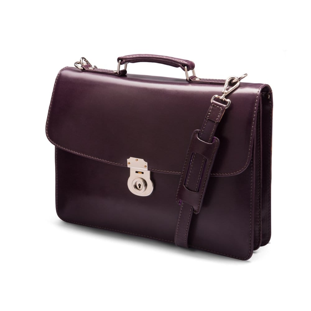 Leather briefcase with silver brass lock, Harvard vintage look, plum, side