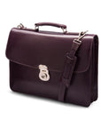 Leather briefcase with silver brass lock, Harvard vintage look, plum, side