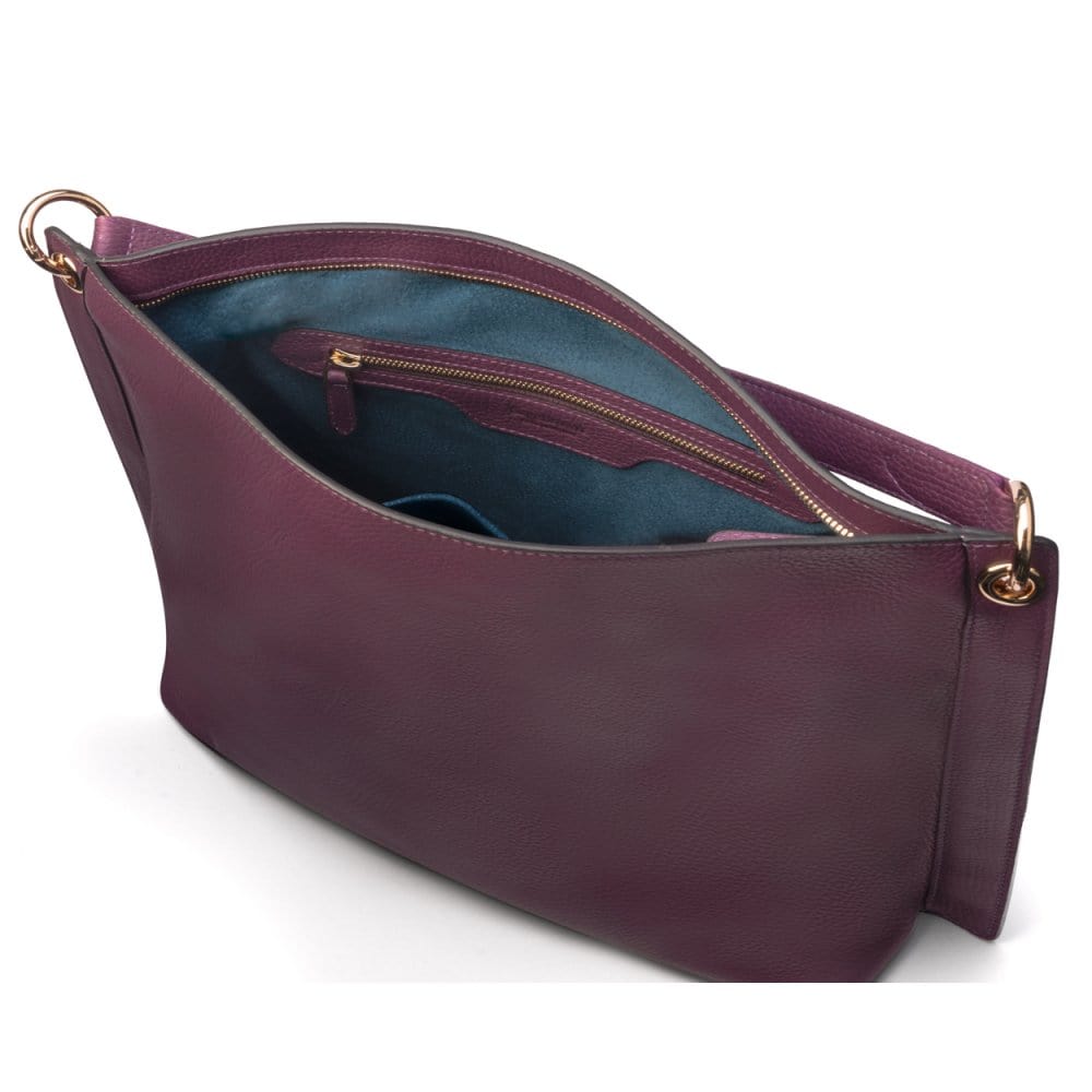 Slouchy leather shoulder bag, purple, inside