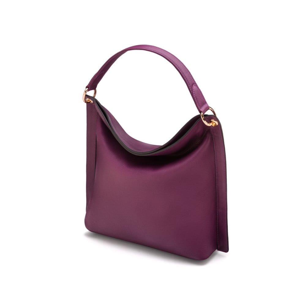 Slouchy leather shoulder bag, purple, side