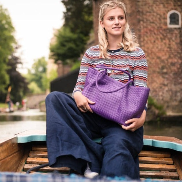 Woven leather slouchy bag, purple, lifestyle