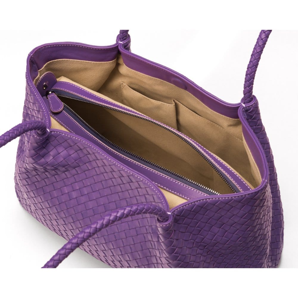 Woven leather slouchy bag, purple, inside