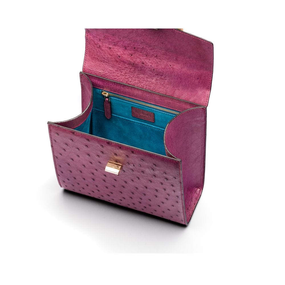 Genuine ostrich top handle bag, purple, inside view