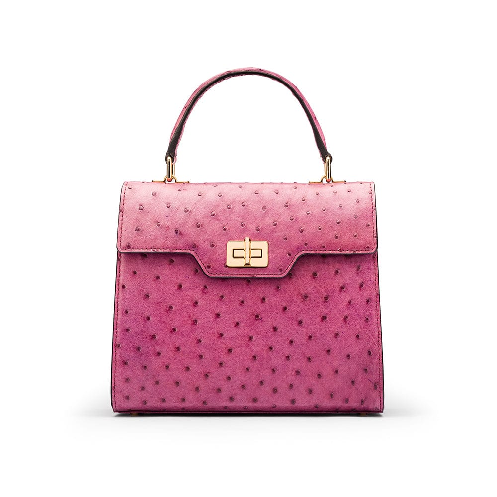 Genuine ostrich top handle bag, purple, front view