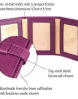Mini leather trifold photo frame, purple, 60 x 40mm, features