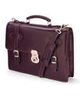 Leather Cambridge satchel briefcase with silver brass lock, purple, side