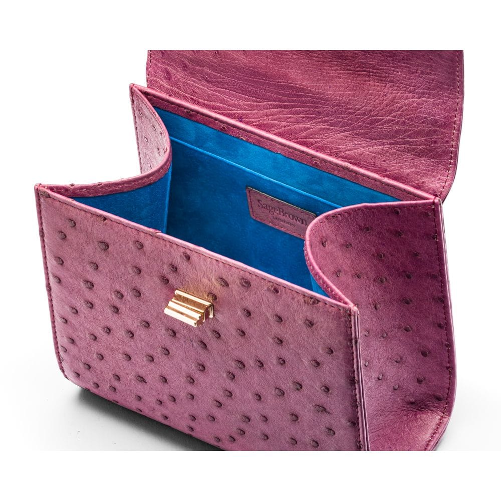 Mini ostrich leather Morgan Bag, top handle bag, purple, inside