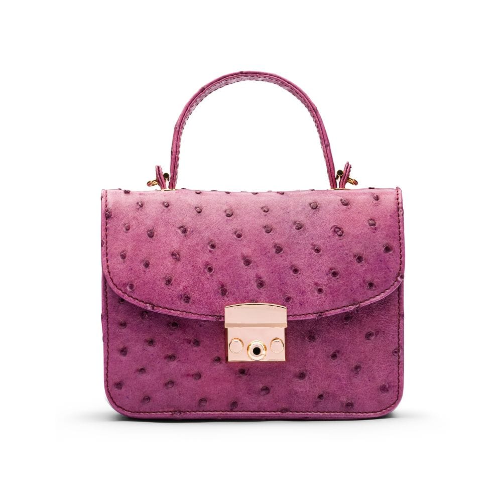 Small ostrich leather top handle bag, purple ostrich, front