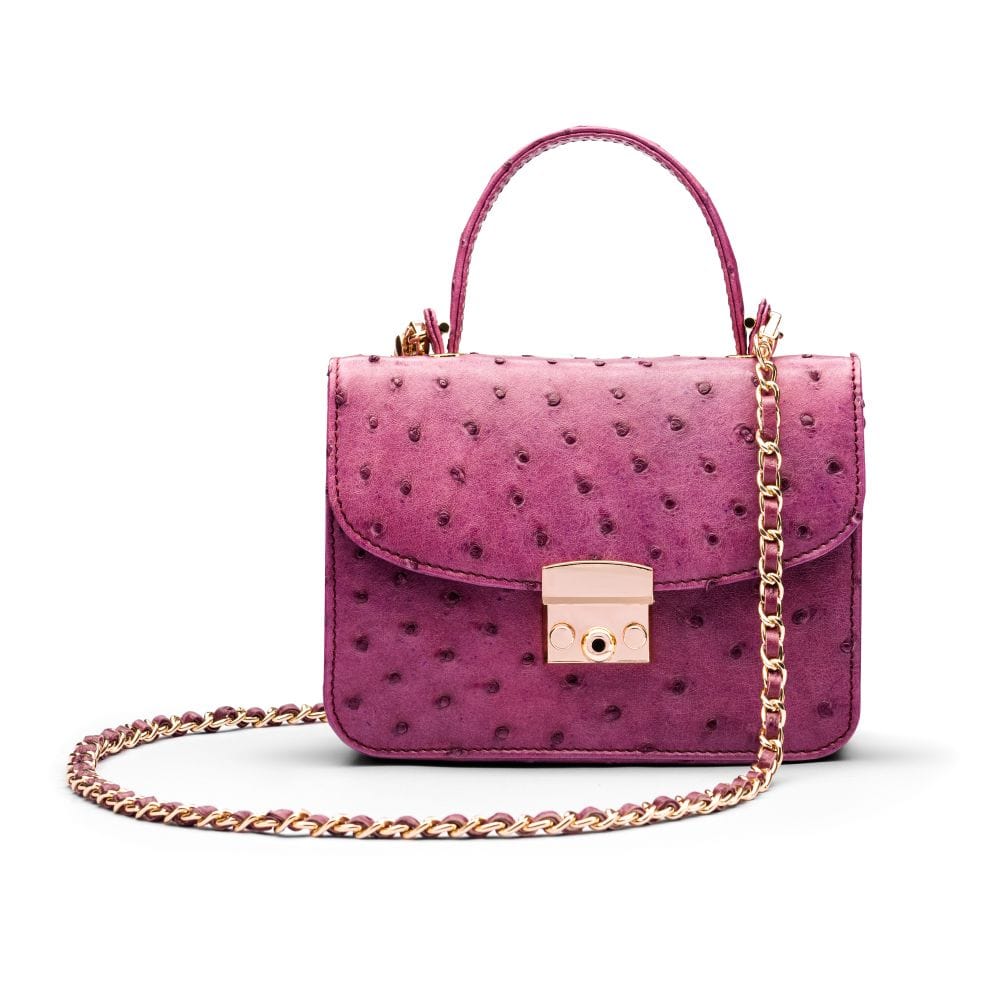 Small ostrich leather top handle bag, purple ostrich, with strap