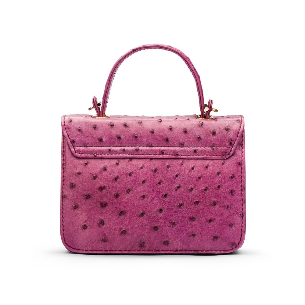 Small ostrich leather top handle bag, purple ostrich, back