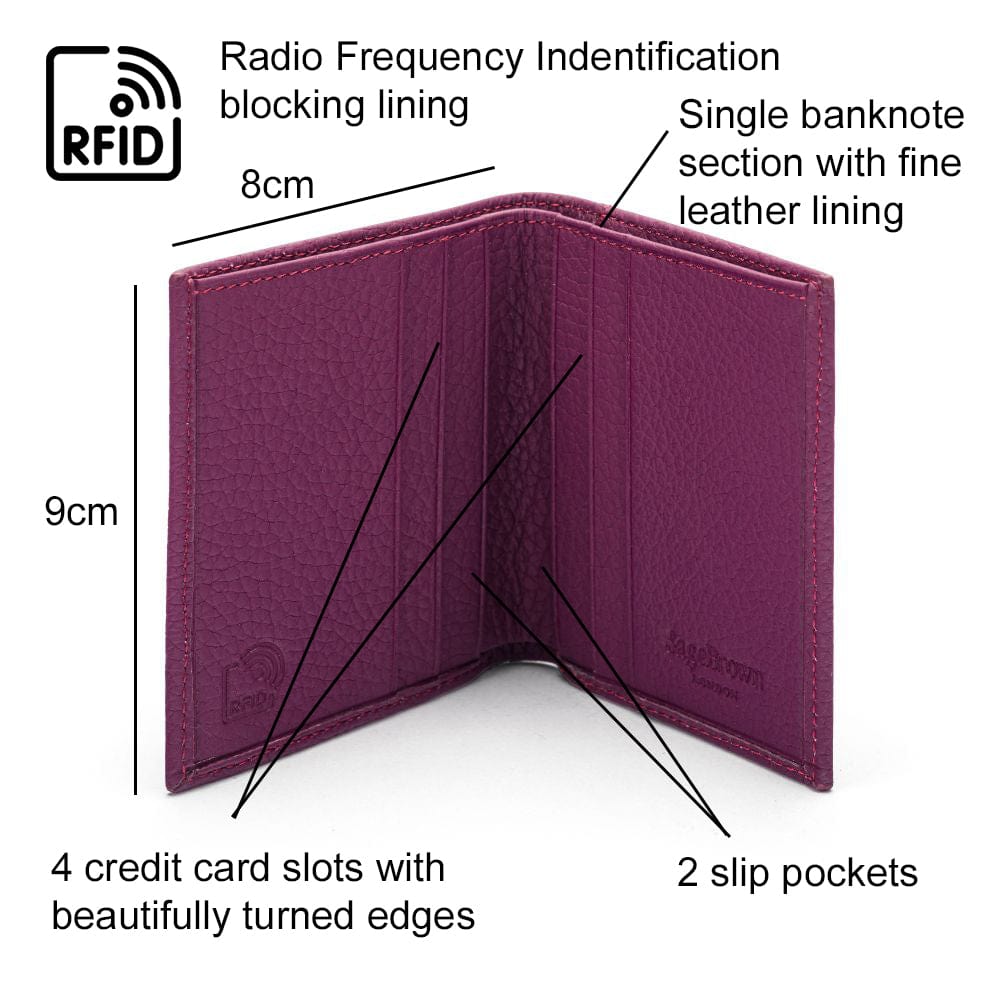RFID leather wallet with 4 CC, purple, features