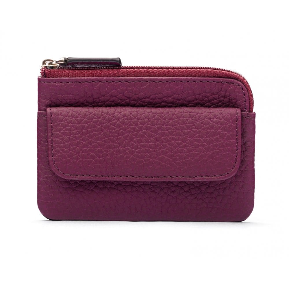 Small leather zip coin purse, purple, front