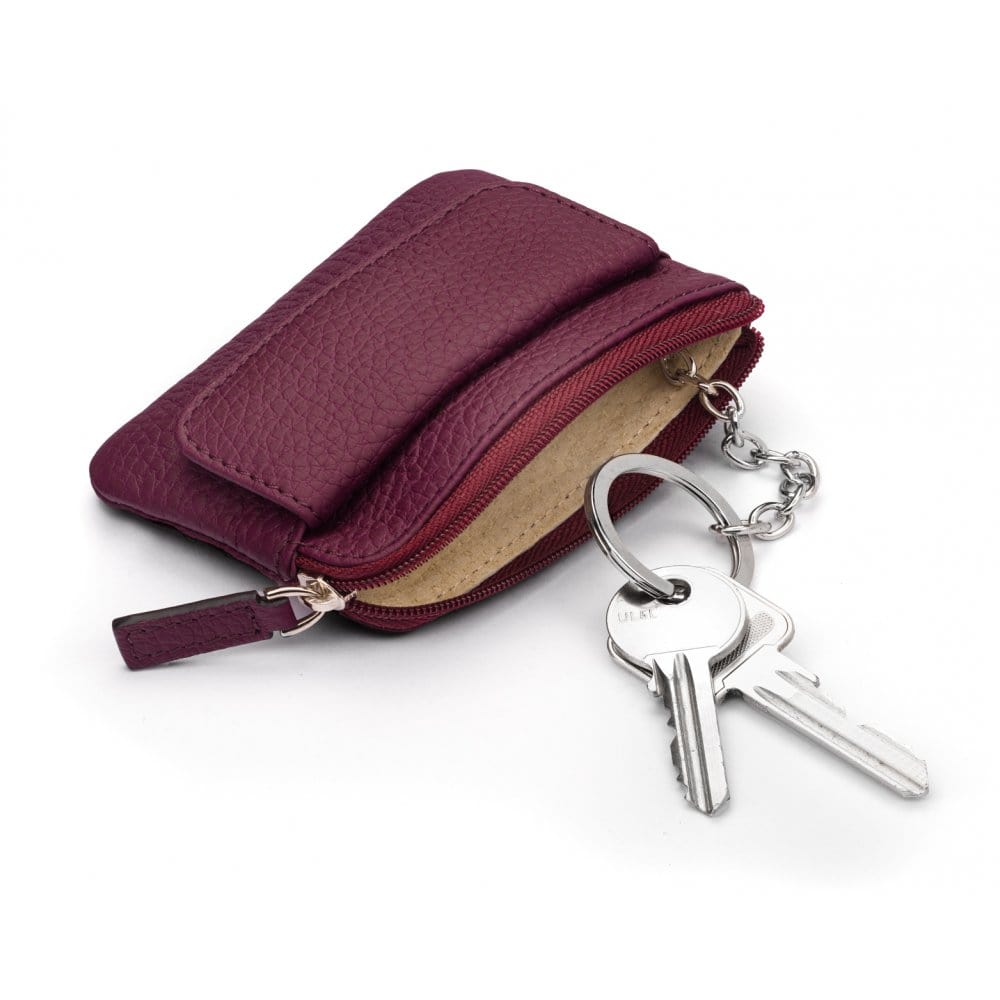 Small leather zip coin purse, purple, with key chain