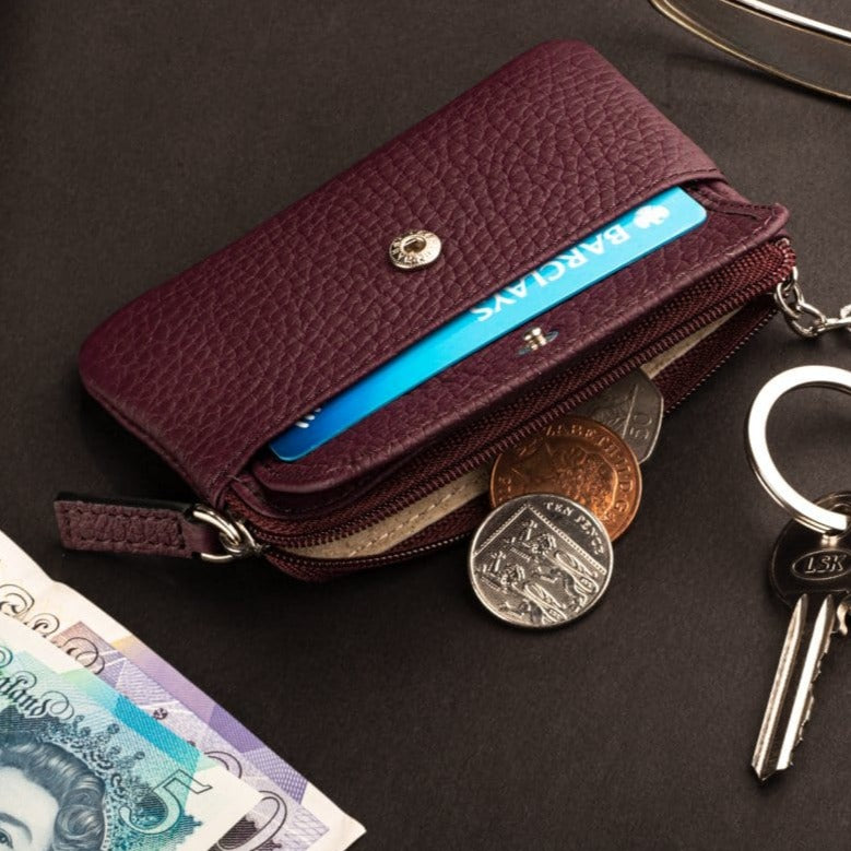 Small leather zip coin purse, purple, lifestyle