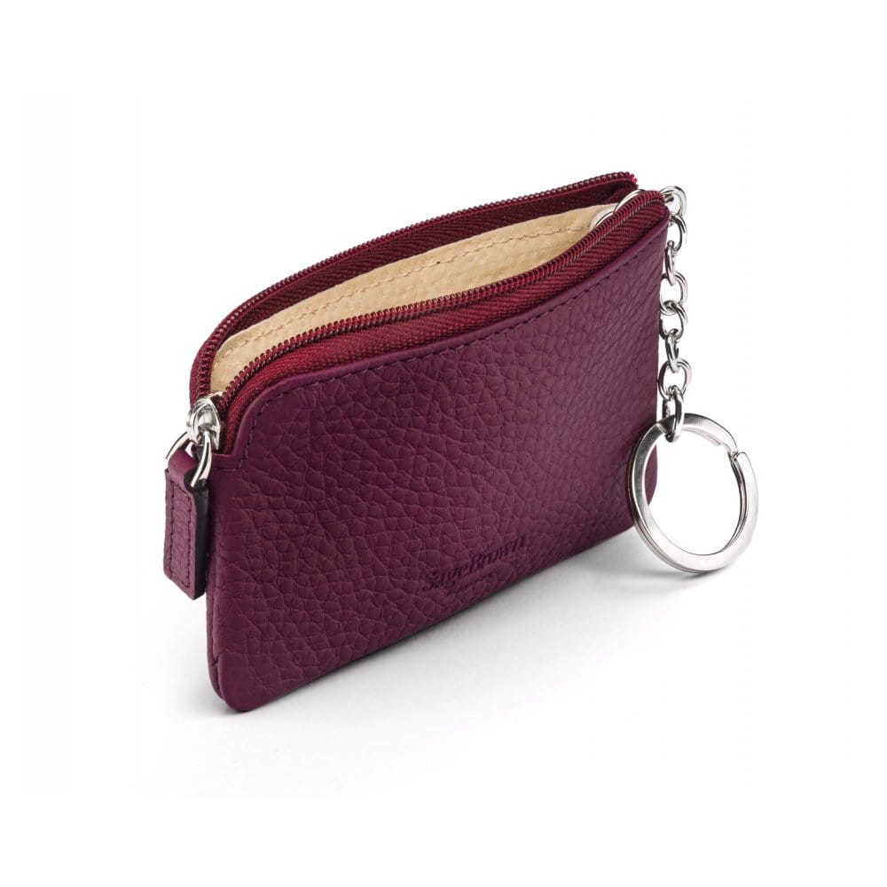Small leather zip coin purse, purple, back