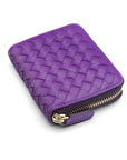 Small zip around woven leather accordion purse, purple, front