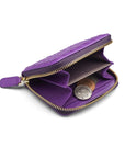 Small zip around woven leather accordion purse, purple, inside