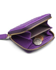 Small zip around woven leather accordion purse, purple, inside