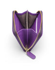 Small zip around woven leather accordion purse, purple, open