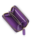 Small zip around woven leather accordion purse, purple, interior