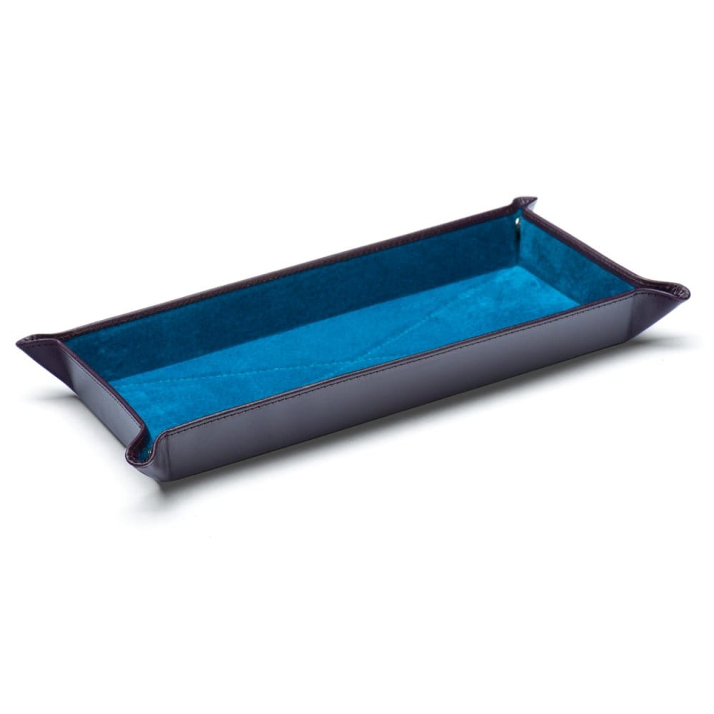 Rectangular leather valet tray, purple with cobalt