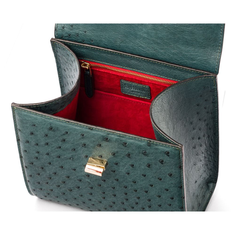 Real ostrich top handle bag, racing green,, inside view