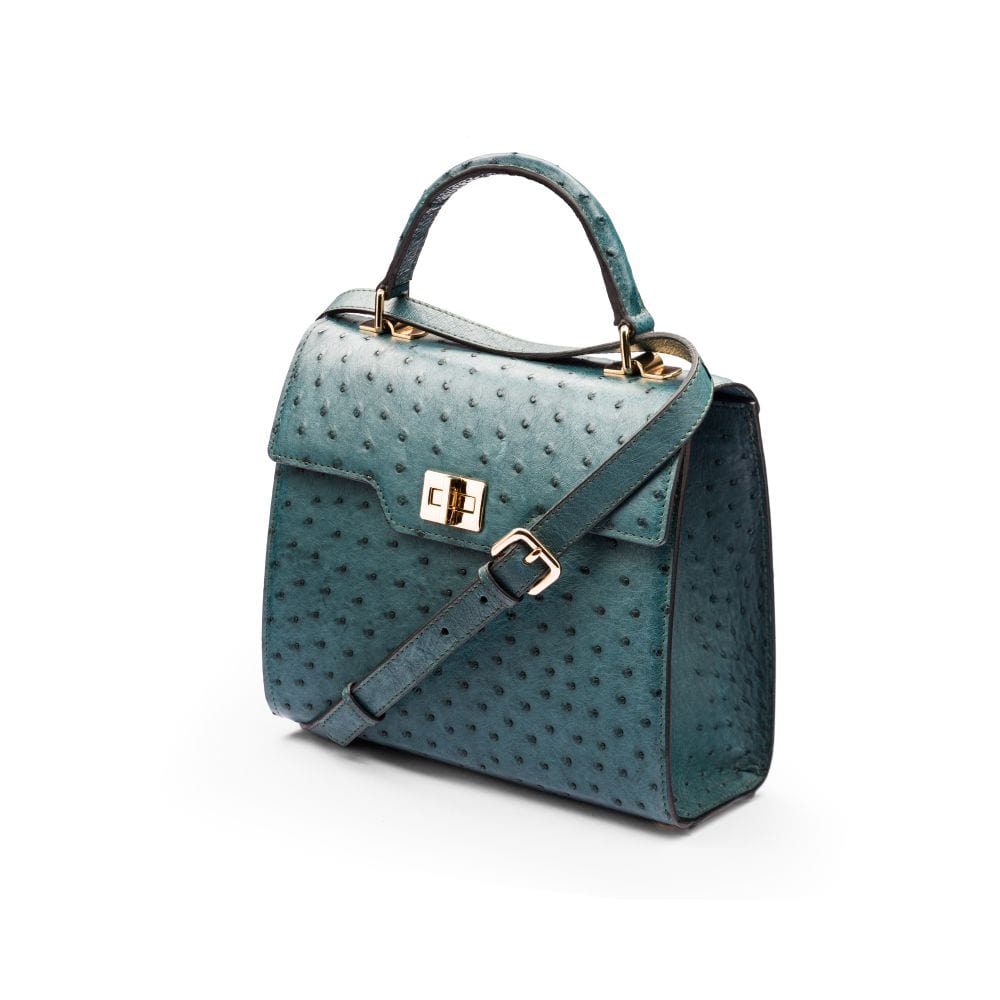 Real ostrich top handle bag, racing green,, side view