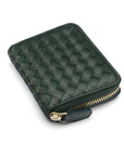 Small zip around woven leather accordion purse, racing green, front