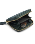 Small zip around woven leather accordion purse, racing green, inside