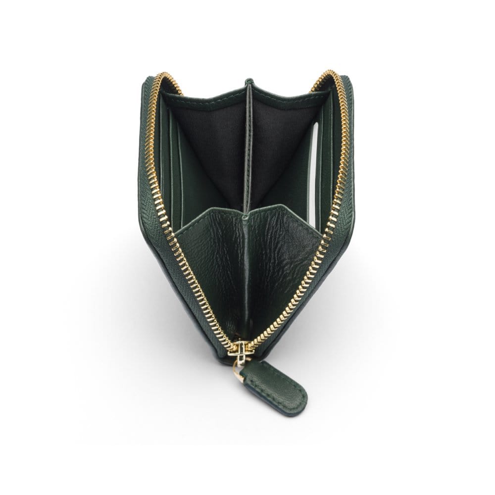 Small zip around woven leather accordion purse, racing green, open