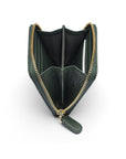 Small zip around woven leather accordion purse, racing green, open