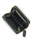 Small zip around woven leather accordion purse, racing green, interior