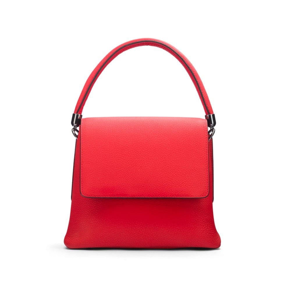 Leather handbag with flap over lid, red, front view