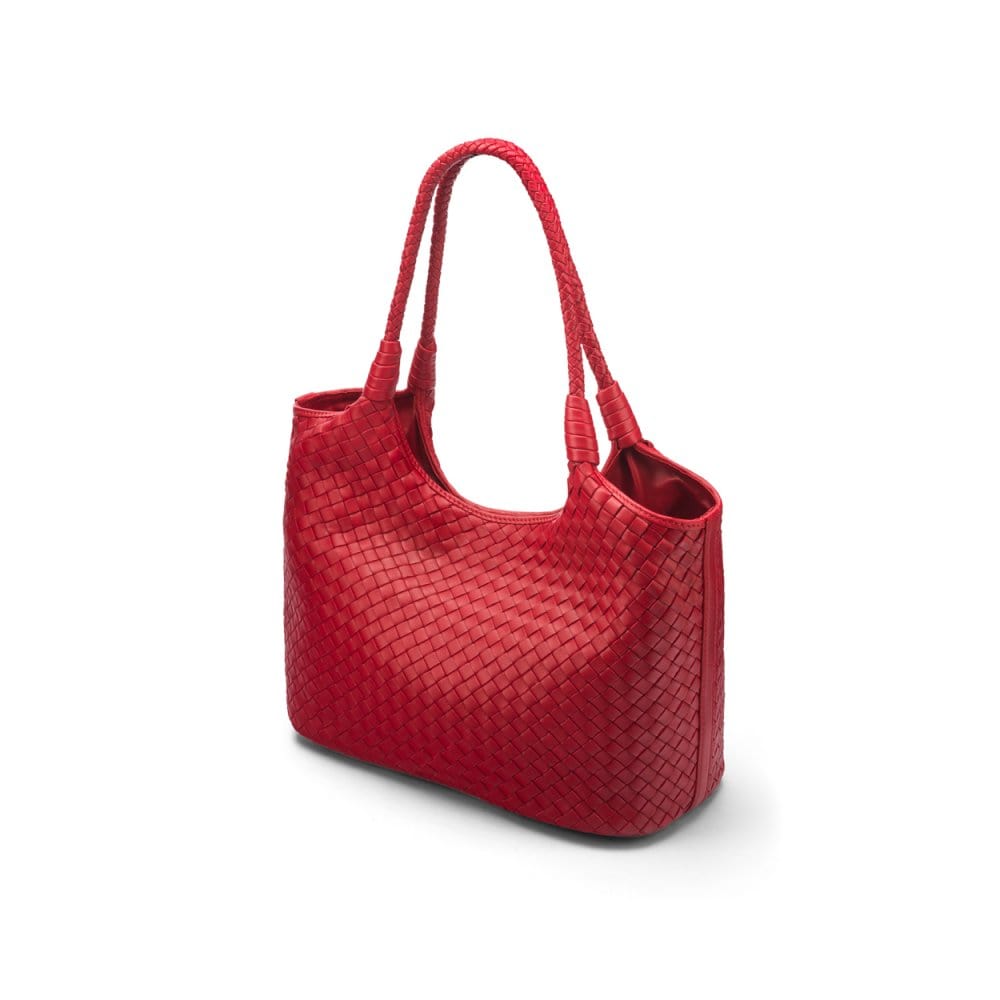 Woven leather shoulder bag, red, side