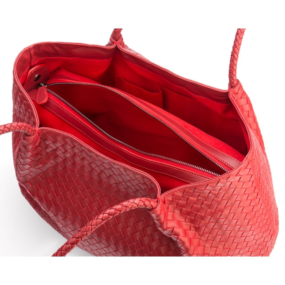 Woven leather slouchy bag, red, inside
