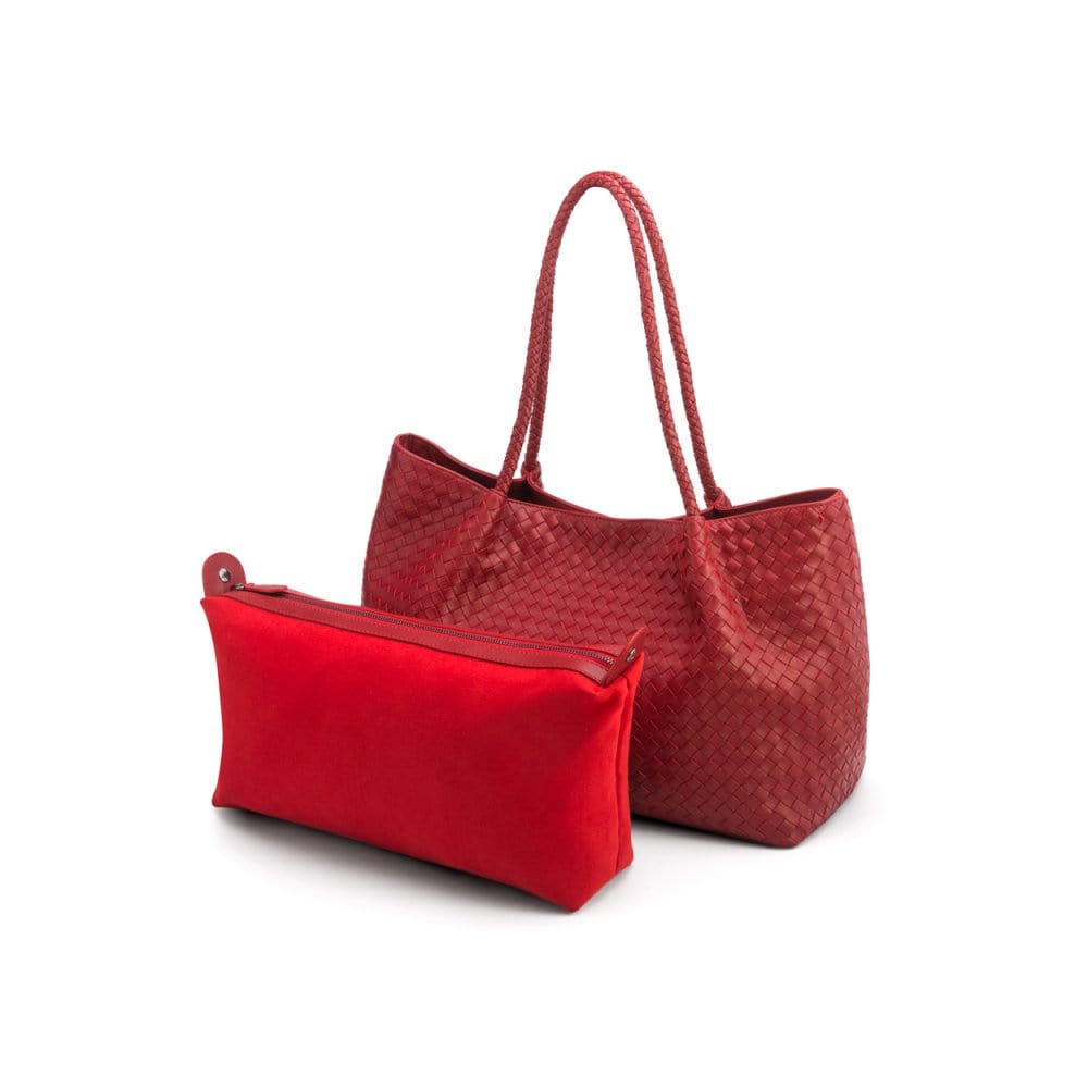 Woven leather slouchy bag, red, inner bag removed