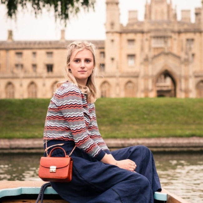 Small leather top handle bag, red croc, lifestyle