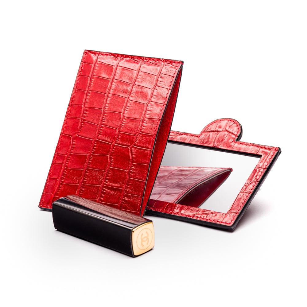 Compact leather mirror, red croc