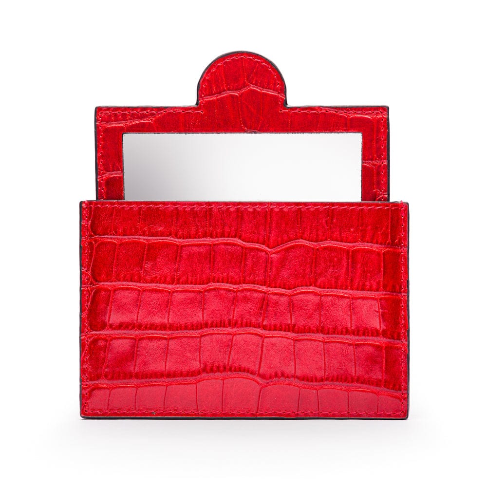 Compact leather mirror, red croc