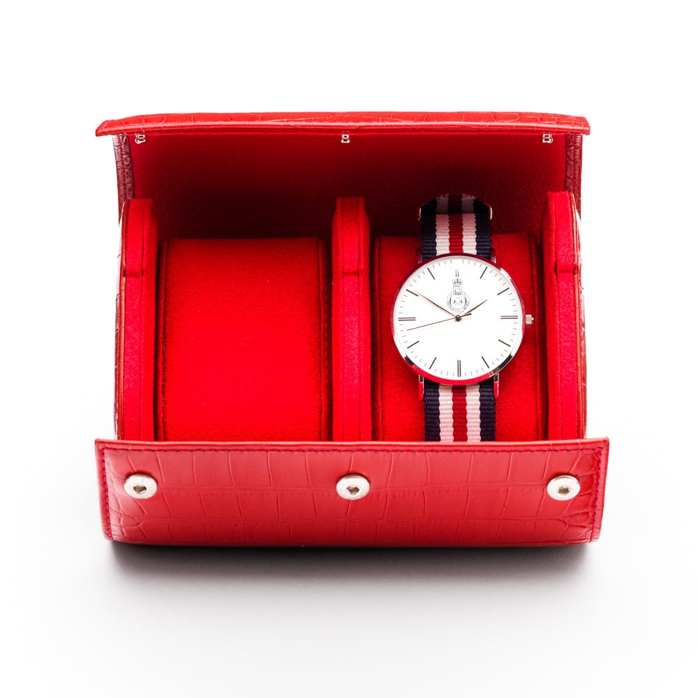 Double watch roll, red croc, with watch