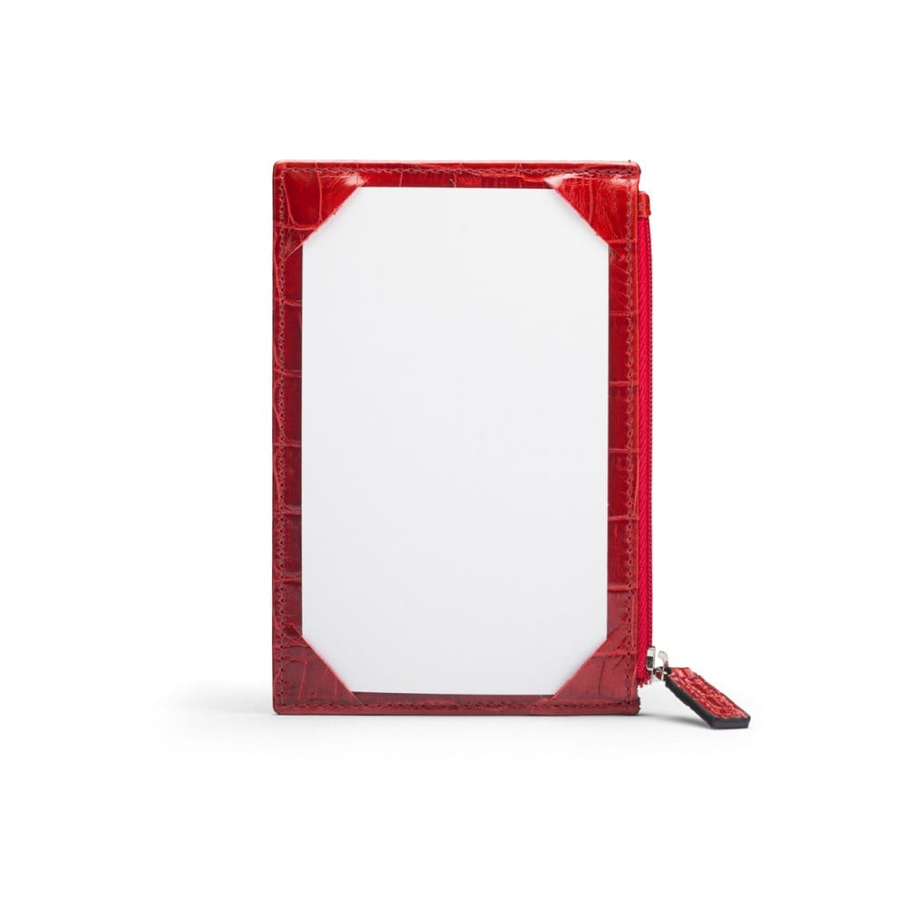 Flat leather card wallet with jotter and zip, red croc, front