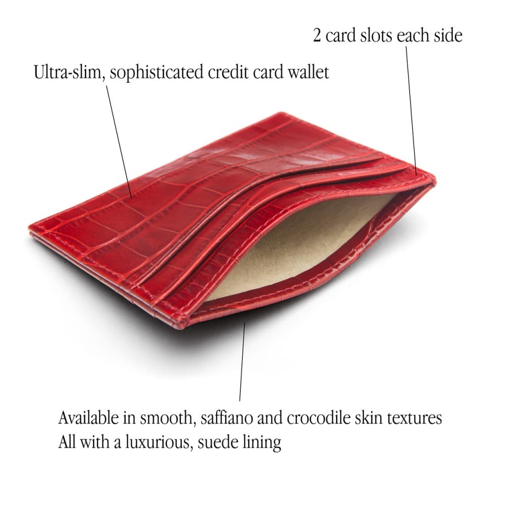 Flat leather credit card wallet 4 CC, red croc, features